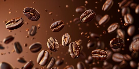 Numerous coffee beans are seen falling gracefully through the air, creating a visually striking and dynamic scene.