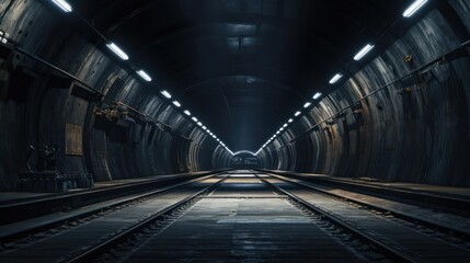 Dark subway tunnel background. Fast underground train passing.