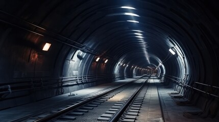Dark subway tunnel background. Fast underground train passing.