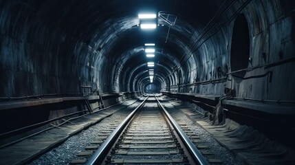 Dark subway tunnel background. Fast underground train passing.