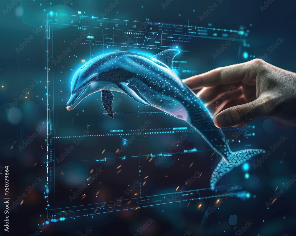 Poster modern e learning interface. dolphins navigating the digital seas of knowledge, representing innovat