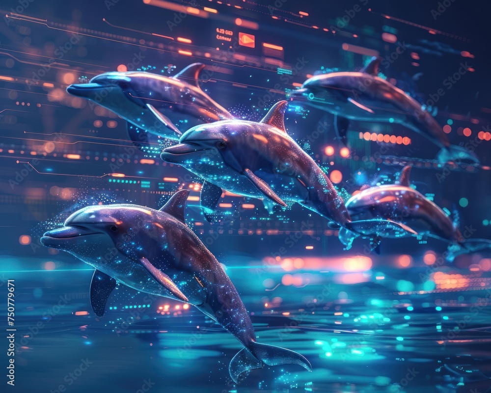 Poster modern e learning interface. dolphins navigating the digital seas of knowledge, representing innovat