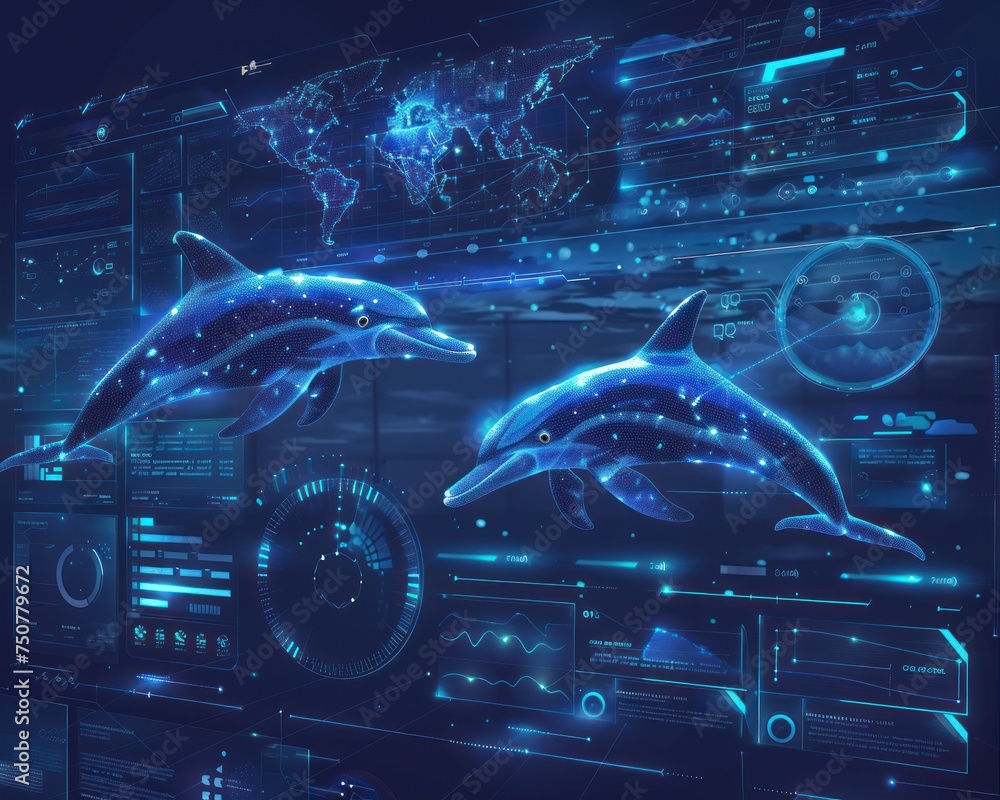 Poster modern e learning interface. dolphins navigating the digital seas of knowledge, representing innovat