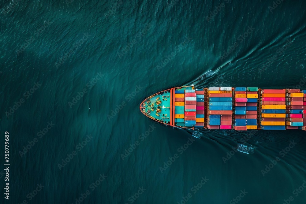 Poster aerial view of a cargo ship loaded with containers highlighting the scale and importance of global t