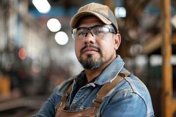 Fototapeta premium Casual portrait of a confident latino factory worker Representing strength and dedication in the industrial sector