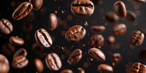 Numerous coffee beans scattered and suspended in the air, appearing to defy gravity.