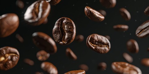A group of coffee beans is depicted mid-air, falling down in a scattered manner.
