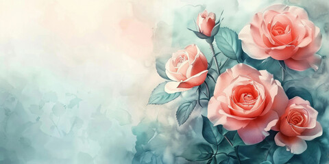 Pink Roses painting on Blue and Green background with Copy Space for Text, Floral Artwork for Greeting Cards and Design Projects