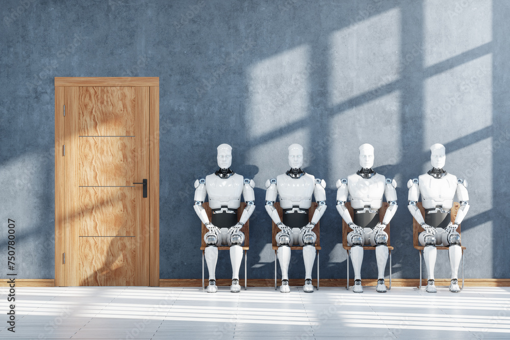 Poster concept robots and artificial intelligence are taking away jobs. robots and humans are sitting waiti