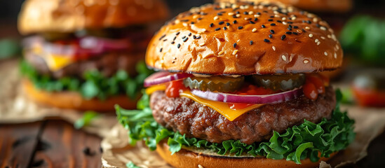 Delicious beef hamburger with cheese, onion and pickels