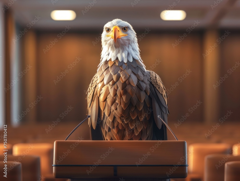 Poster realistic lecture hall. an eagle delivering a message of strength and freedom. enter the realm