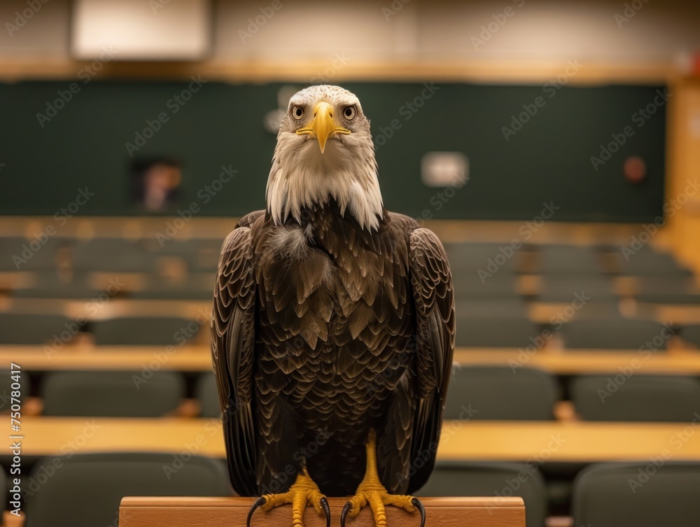 Poster realistic lecture hall. an eagle delivering a message of strength and freedom. enter the realm