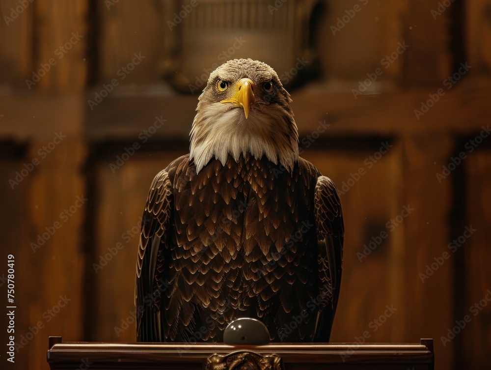 Poster realistic lecture hall. an eagle delivering a message of strength and freedom. enter the realm