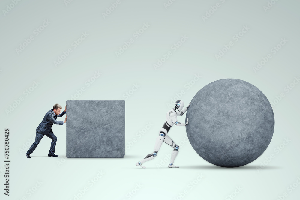 Poster robot and human compete for work. robots and artificial intelligence are taking jobs, technology, co
