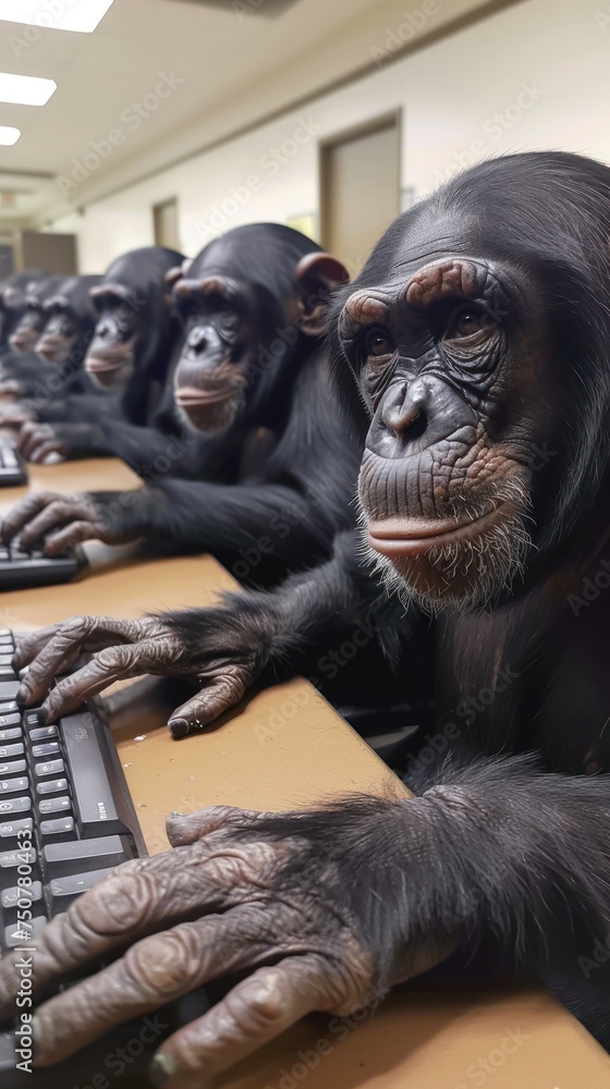 Poster computer lab. monkeys typing away in a digital era. step back in time to the charm of vintage techno