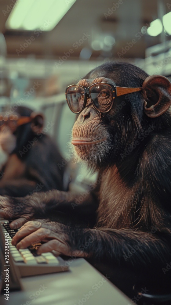 Poster computer lab. monkeys typing away in a digital era. step back in time to the charm of vintage techno