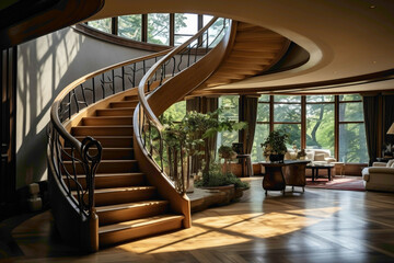 Curved staircase with wooden banister, leading to a sunlit mezzanine. - obrazy, fototapety, plakaty