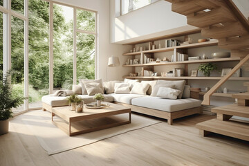 Beige and Scandinavian stairs leading to a cozy living room with a wooden table and sofas, bathed in soft natural light from a large window.