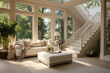 Tranquil living room with beige staircase, a window framing scenic views, and a comfortable seating arrangement.