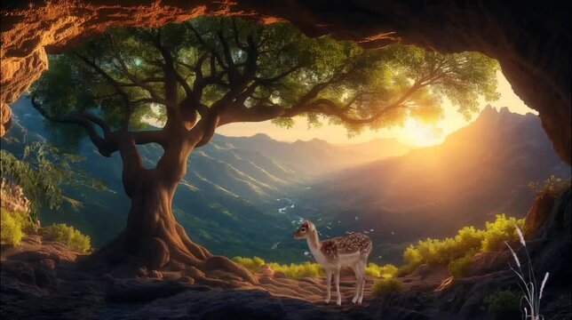 Deer under tree at sunrise in mountain view from cave gate. Majestic wildlife scene. Seamless looping time-lapse 4k video animation background