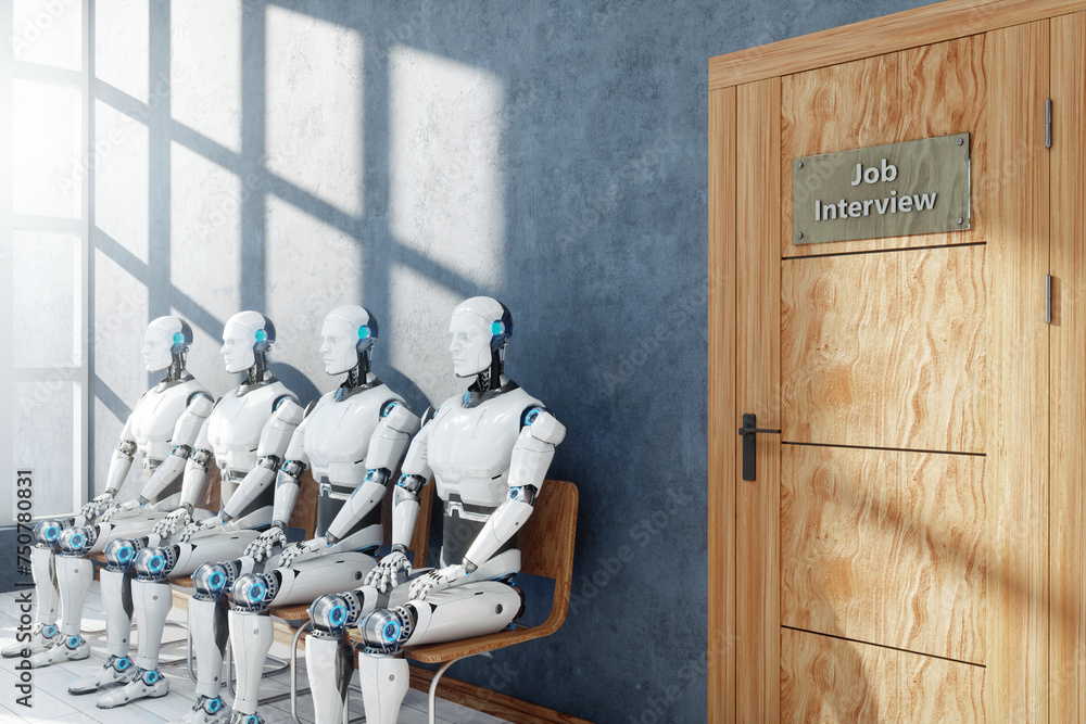 Poster concept robots and artificial intelligence are taking away jobs. robots and humans are sitting waiti