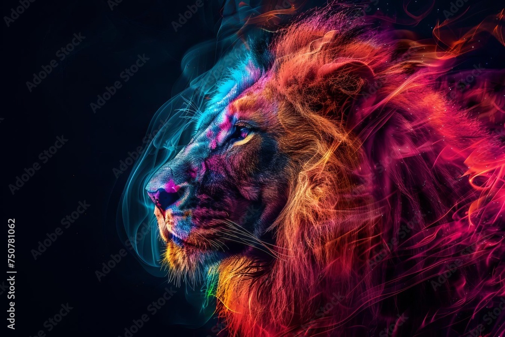 Poster lion head in a vibrant multicolored flame creating an abstract and powerful portrait against a dark 