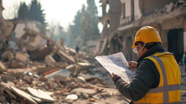 A seismologist measures the magnitude of an earthquake in a ruined city