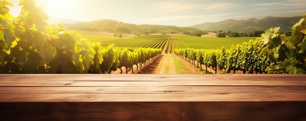 Empty wood table top with on blurred vineyard landscape background, for display or montage your products. Agriculture winery and wine tasting concept. digital ai art - Powered by Adobe