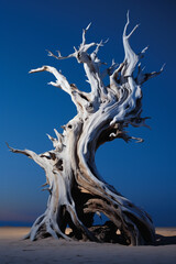 a dead tree next to a blue sky, in the style of nightmarish creatures, light white and silver сreated with Generative Ai