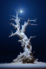 Naklejka premium a dead tree next to a blue sky, in the style of nightmarish creatures, light white and silver сreated with Generative Ai