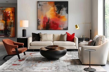 Modern living room design with abstract art decor and contemporary furniture