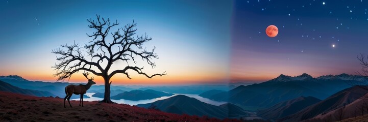 Nature, trees, mountains, moon, deer, river