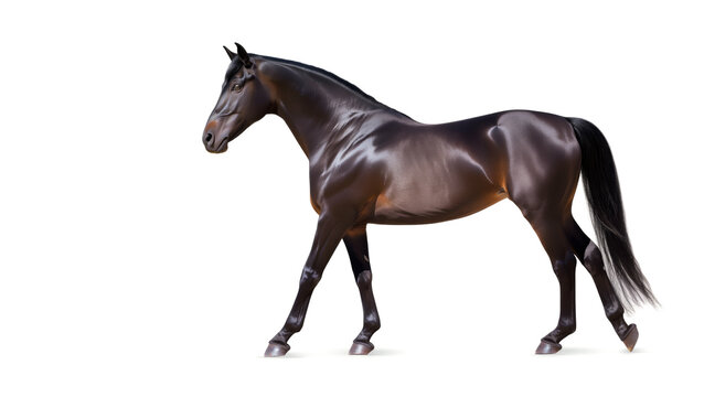 A black sports horse strides forward, isolated on a white background
