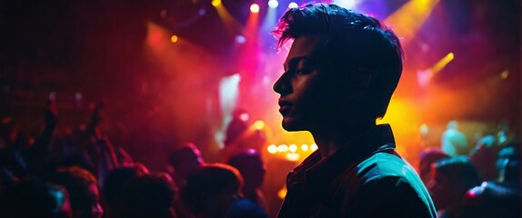 The Portrait in a silhouette double exposure. The Concert, a musician, is shown with intense color contrast, their face illuminated by vibrant stage lights, and their silhouette blending into a crowd