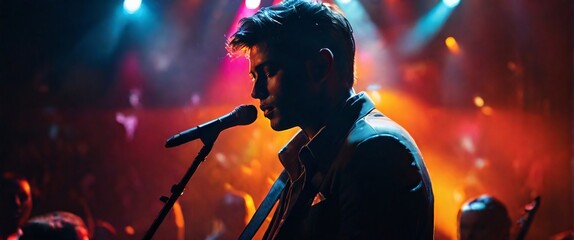 The Portrait in a silhouette double exposure. The Concert, a musician, is shown with intense color contrast, their face illuminated by vibrant stage lights, and their silhouette blending into a crowd