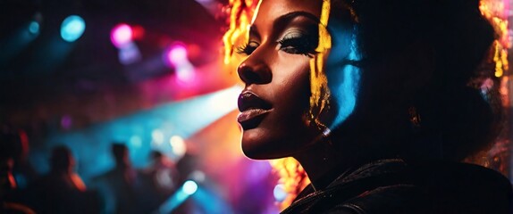 Fototapeta premium The Portrait in a silhouette double exposure. The Concert, a musician, is shown with intense color contrast, their face illuminated by vibrant stage lights, and their silhouette blending into a crowd