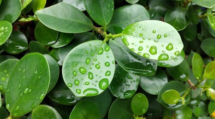 Close up of green leaves with water drops after rain. Nature background
