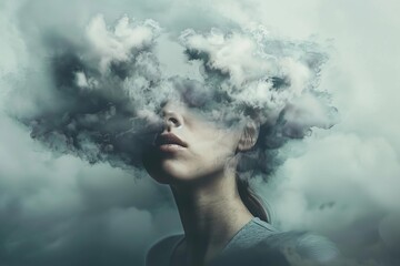 Woman metaphorically with her head in the clouds Depicting the challenges of mental health and the journey towards understanding - obrazy, fototapety, plakaty