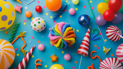 Colorful candies and lollipops. Isolated on white background,Bright colorful carnival or party pattern of balloons, streamers and confetti on blue table. Flat lay style, birthday or party greeting car - obrazy, fototapety, plakaty