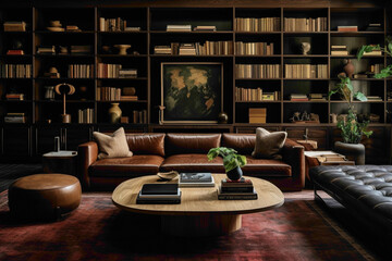 Coordinated living space showcasing a round wood coffee table, brown leather chair, ottoman, and...