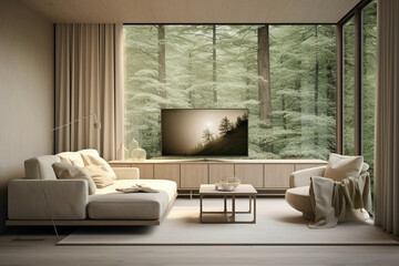 Interior shot of a Scandinavian TV room with a beige color scheme and modern furnishings. A large window provides a view of the outside greenery, creating a tranquil atmosphere.