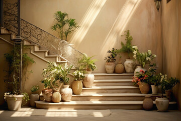 A serene beige staircase adorned with potted plants, casting delicate shadows against the neutral backdrop.