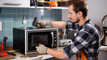 a man in the workshop repairs a microwave oven