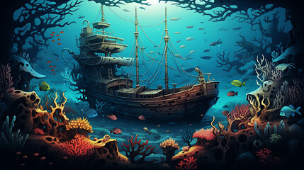 A vector representation of a sunken ship surrounded by marine life.