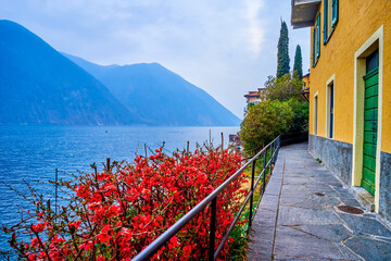 The narrow promenade along the Lake Lugano in Gandria, Switzerland