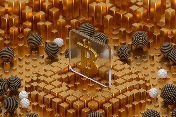 Bitcoin cryptocurrency with abstract background. Bitcoin with abstract golden geometric shape background.