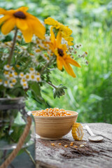 Ziarna kukurydzy w misce na drewnianym stole w ogrodzie. - obrazy, fototapety, plakaty