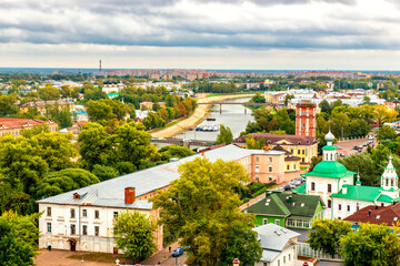 A panoramic view from above to the city of Vologda and the river of the same name, Oktyabrsky and...
