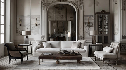 Contemporary living space, subtle elegance, mix of modern and vintage, muted tones.