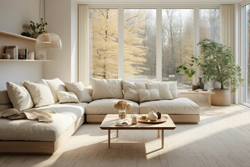 A cozy living room with beige sofas, soft cushions, and minimalist Scandinavian decor. Sunlight streaming through the window adds warmth to the room.